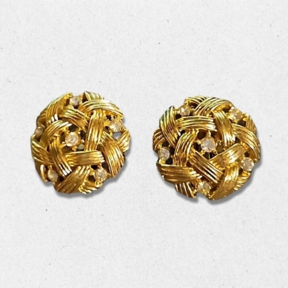 Vintage Crown Trifari Basket Weave Earrings Rhinestone Accents Clip-On Gold OS